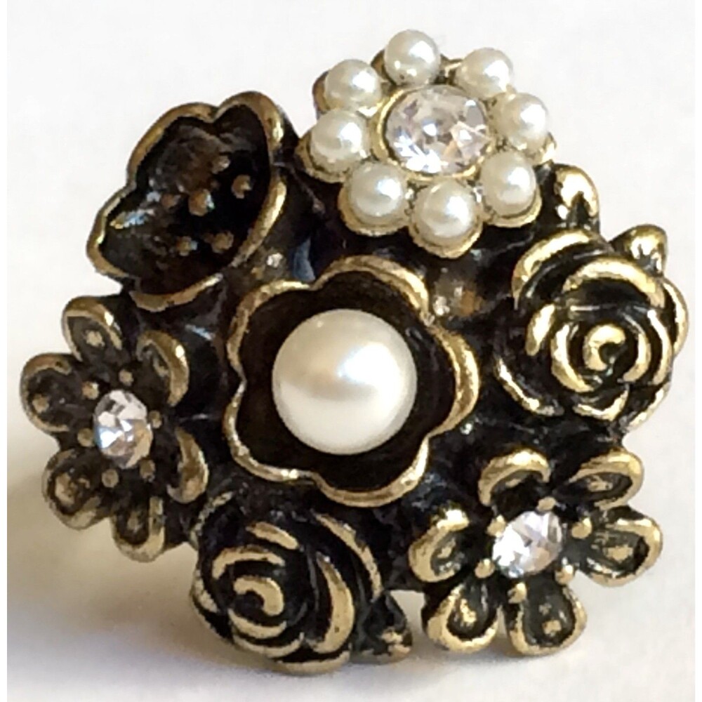 Vintage Gold Art Deco Pearl Rose Flower Cocktail Ring Size 6 Crystal Plated